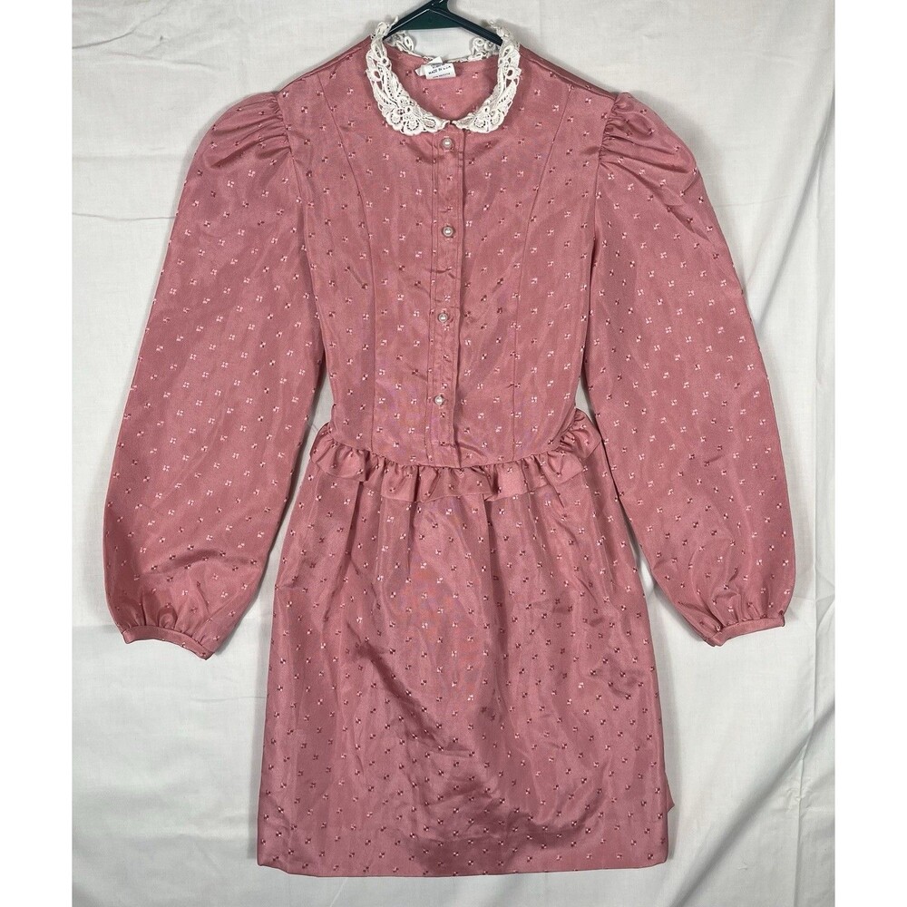 Miss Quality Vintage 1980s L/S Collared Dress Pink Girls Size 12 Made USA
